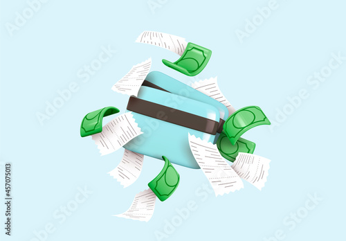 Business financial investment. Credit card, money green dollars, cashier's check paper. Realistic 3d design in cartoon style. Creative concept Trade cash back. Shopping time. Vector illustration