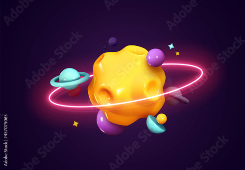 Colorful bright 3d planet with glowing neon rings. Abstract solar system with planets and stars in orbit. Meteorite and comet. Space futuristic creative design. Vector illustration
