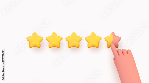 Women's Men's Hand gives the rating Five stars. Customer rating feedback concept from the client about employee of website. Realistic 3d design object. For mobile applications. Vector illustration