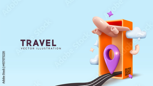 Travel by plane creative concept. Realistic 3d design airplane takes off from suitcase with barcode. Flight restriction during pandemic. Composition isolated on blue background. Vector illustration