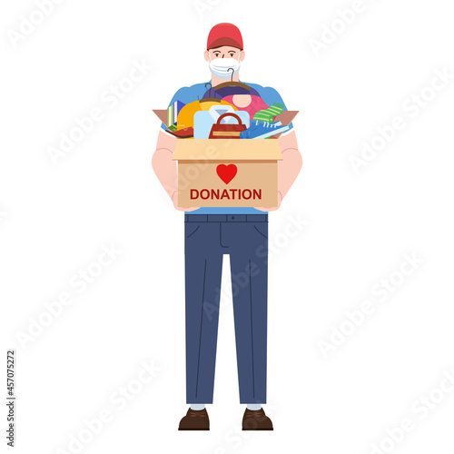 Volunter man deliver in mask, donation box with clothes, books, shoes. help for refugees, poor kids. Awareness and charity concept, vector, illustration flat cartoon style