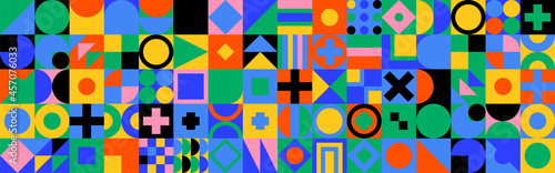 Abstract geometric horizontal background with colorful bauhaus shapes and forms. Contemporary retro art cubism style