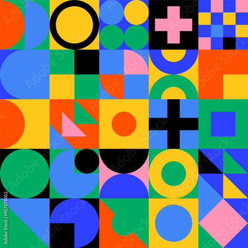 Free Download Abstract geometric square background. Seamless pattern with colorful bauhaus shapes and forms. Contemporary retro style - GFXLoad