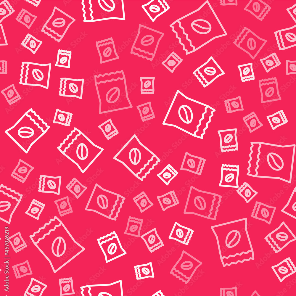 White line Bag of coffee beans icon isolated seamless pattern on red background. Vector White line Bag of coffee beans icon isolated seamless pattern on red background. Vector