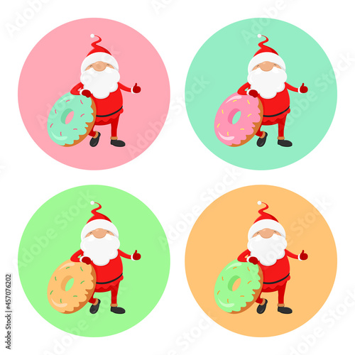 Set of Christmas avatars. Santa with donuts. Vector illustration.