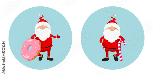 Santa with donut and candy cane. Cartoon avatas. Vector illustration. © Vector DSGNR