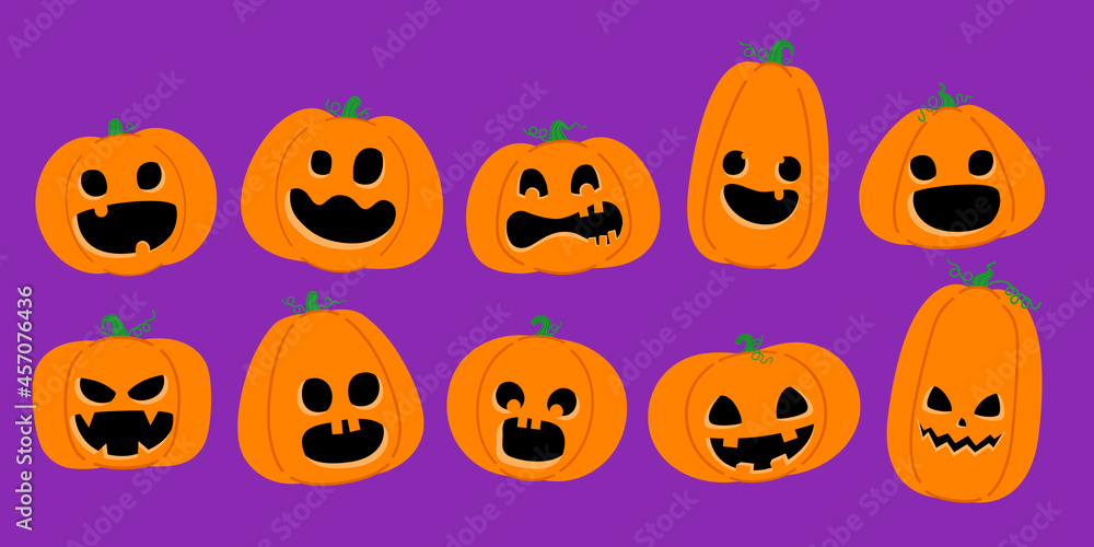 Fototapeta premium Set of Halloween pumpkins on purple background. Flat design of Orange pumpkin with funny and cute face for decorate your design for the holiday Halloween. 2D Vector illustration . Cartoon character