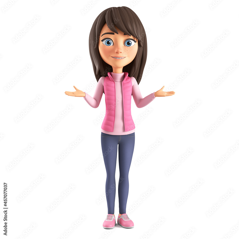 Character cartoon beautiful girl in a pink jacket don’t know. 3d render illustration. Character cartoon beautiful girl in a pink jacket don’t know. 3d render illustration.