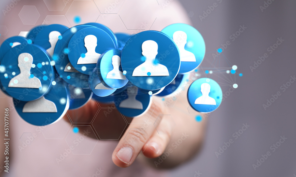 holding 3D rendering group of blue people