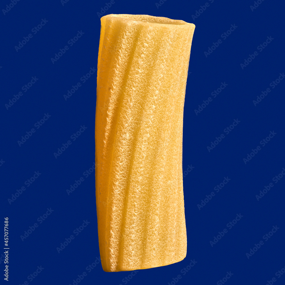 Close up uncooked penne rigate noodle on blue background
Close up uncooked penne rigate noodle on blue background