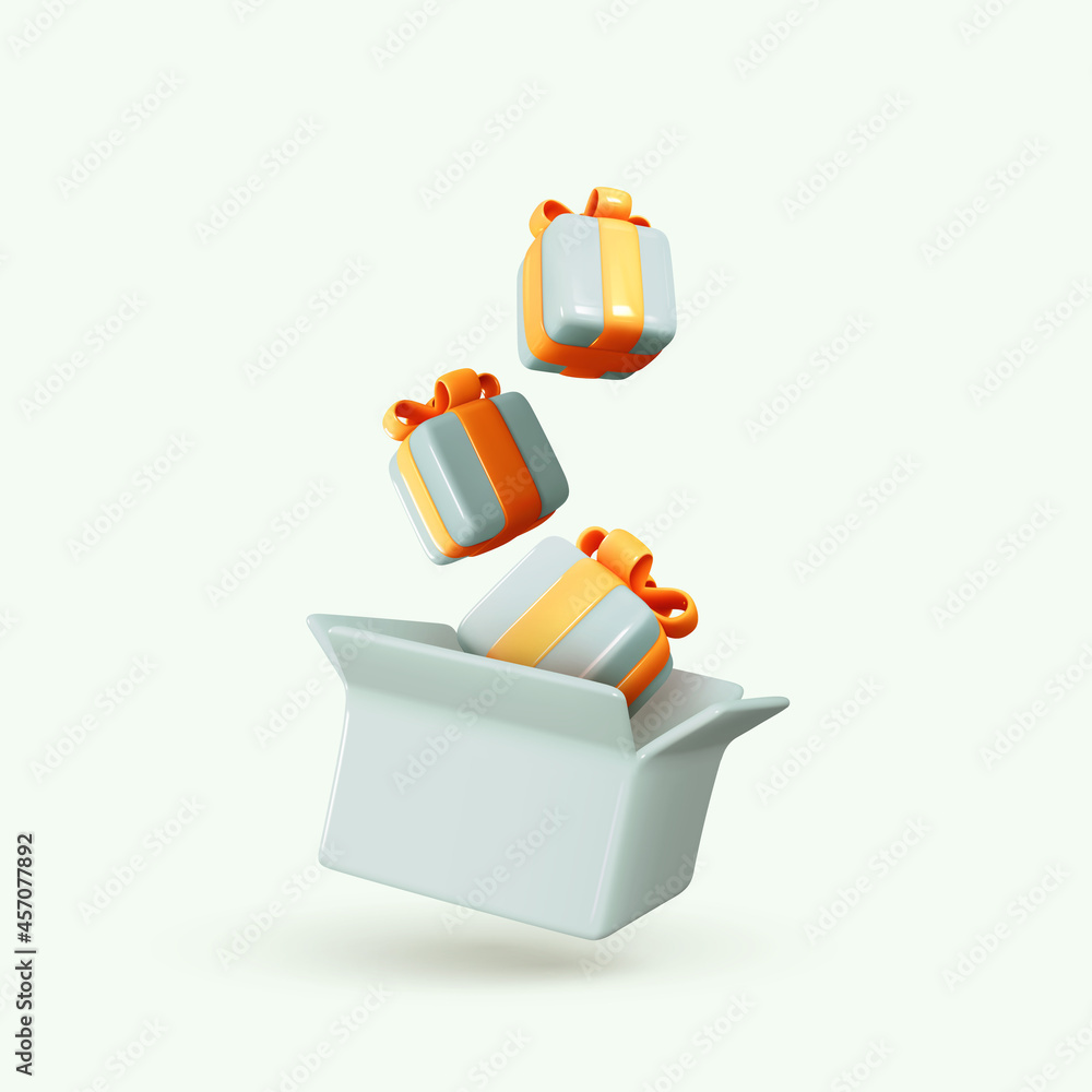 Gifts falling in open box. Realistic 3d cartoon design of gifts surprise.  Decor for birthday, wedding backdrops, holidays present. Vector  illustration Stock Vector | Adobe Stock