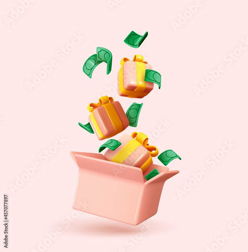 Gifts falling in open pink box, green dollar paper money. Realistic 3d cartoon design of gifts surprise. Vector illustration