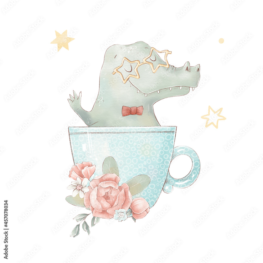 Fototapeta premium Set of cute cartoon crocodile in a cup. Watercolor illustration