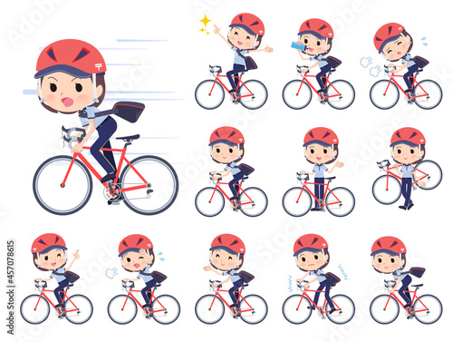 ロードバイクに乗った郵便配達員女性のセット