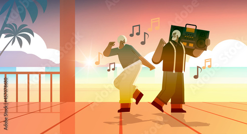 senior family with bass clipping blaster recorder dancing and singing africna american grandparents having fun