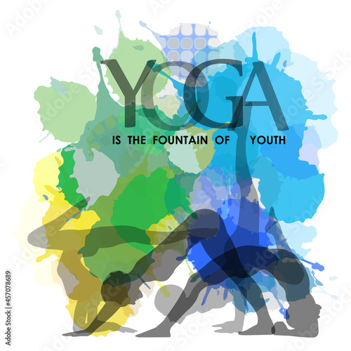 Yoga and meditation watercolor quotes in cool scheme- Yoga is the fountain of youth