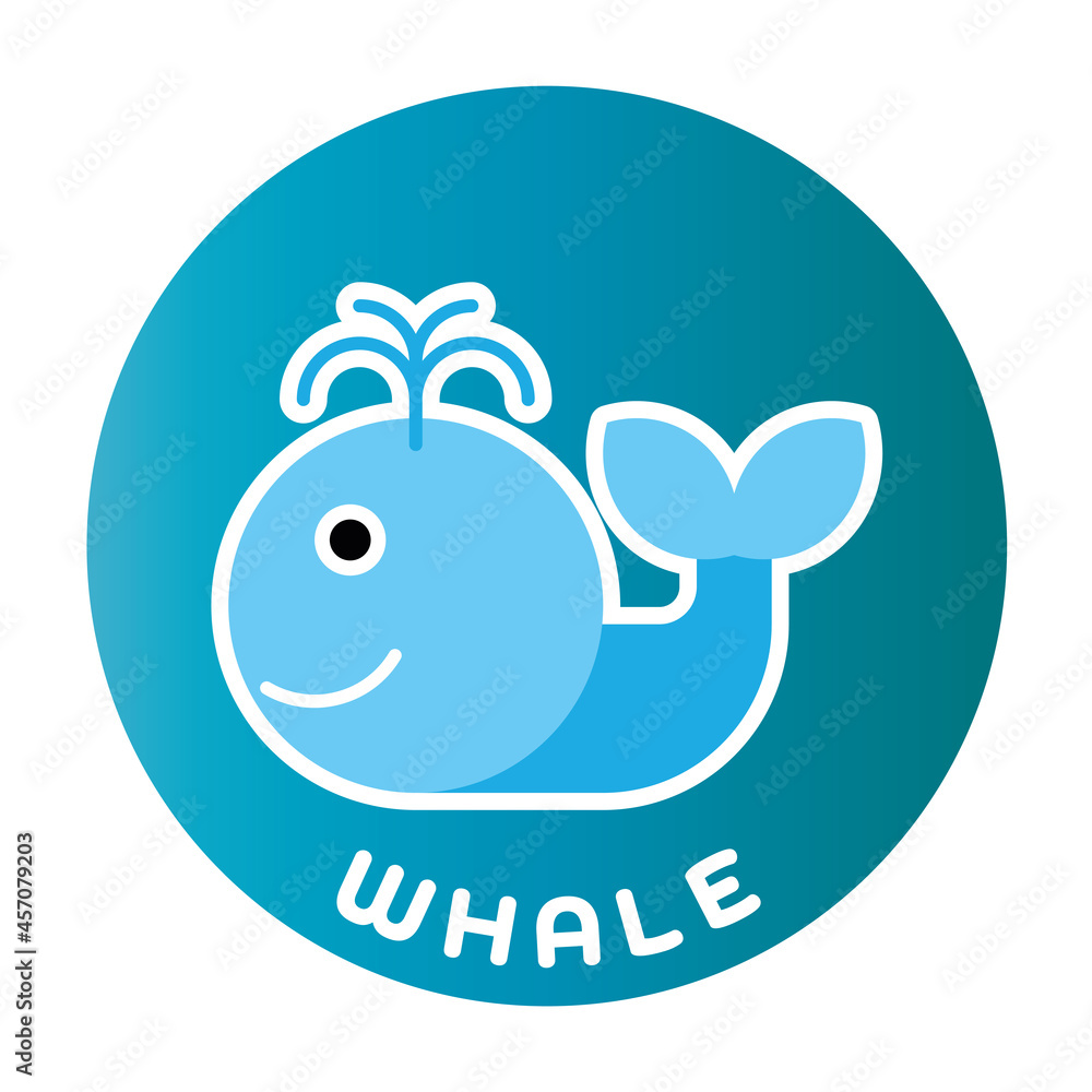 Happy Whale - funny cartoon animal. Children character. Simple vector illustration with dropped shadow.