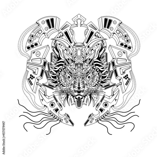 Hand drawn black and white tattoos artwork animal lion beast cyborg mecha vector Illustration