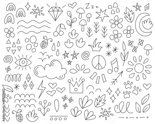 Vector set of design elements in doodle style. Signs  symbols and icons