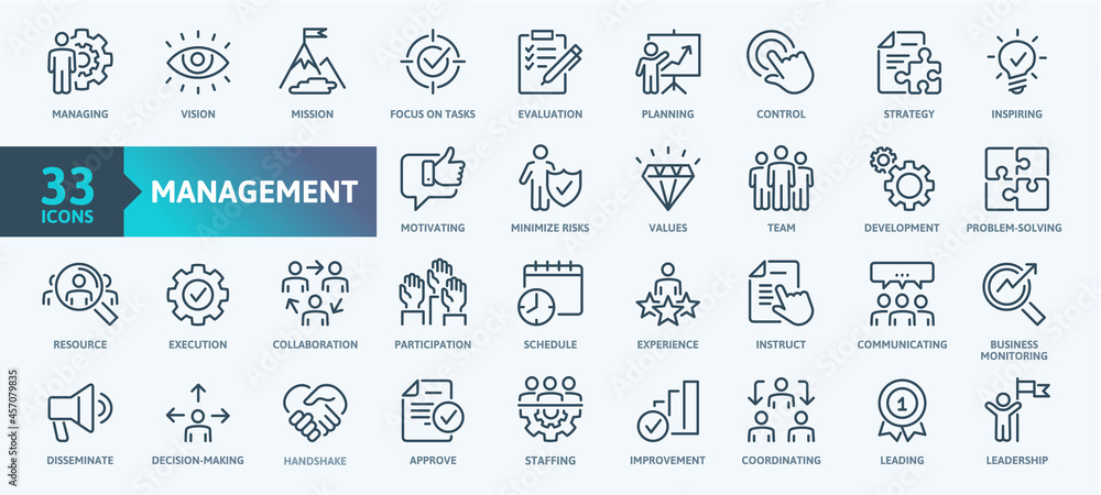 Business Management Outline Icon Collection. Thin Line Set contains such Icons as Vision, Mission, Values, Human Resource, Experience and more. Simple web icons set. - obrazy, fototapety, plakaty 