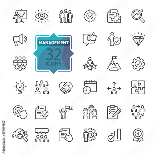Business Management Outline Icon Collection. Thin Line Set contains such Icons as Vision, Mission, Values, Human Resource, Experience and more. Simple web icons set.