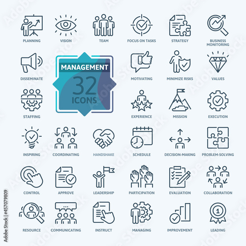 Business Management Outline Icon Collection. Thin Line Set contains such Icons as Vision, Mission, Values, Human Resource, Experience and more. Simple web icons set.