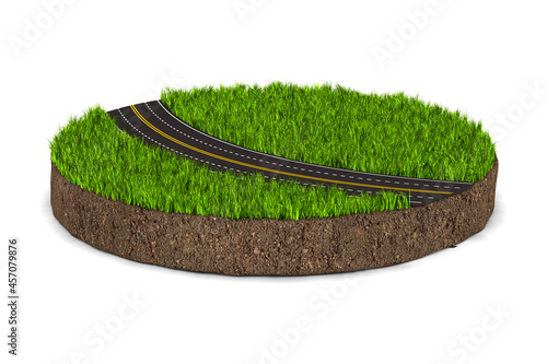 road and round soil ground with green grass on white background. Isolated 3D illustration