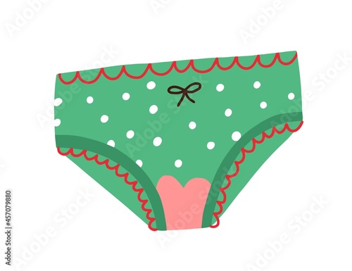 Panties with menstruation blood stain. First menstrual period, menarche concept. Female underwear after vaginal bleeding. Menses on underclothes. Flat vector illustration isolated on white background