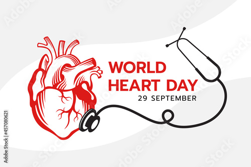 world heart day banner - abstract drawing red human heart with stethoscope medical sign vector design