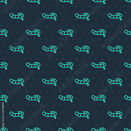 Green line Inflatable boat with outboard motor icon isolated seamless pattern on blue background. Vector