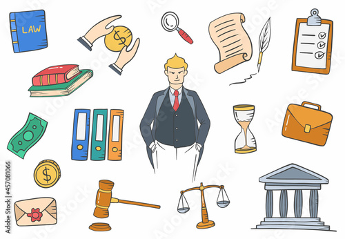 lawyer jobs profession doodle hand drawn set collections with flat outline style