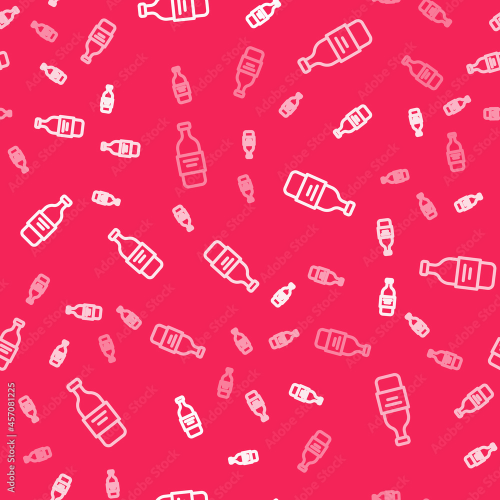 White line Glass bottle of vodka icon isolated seamless pattern on red background. Vector White line Glass bottle of vodka icon isolated seamless pattern on red background. Vector