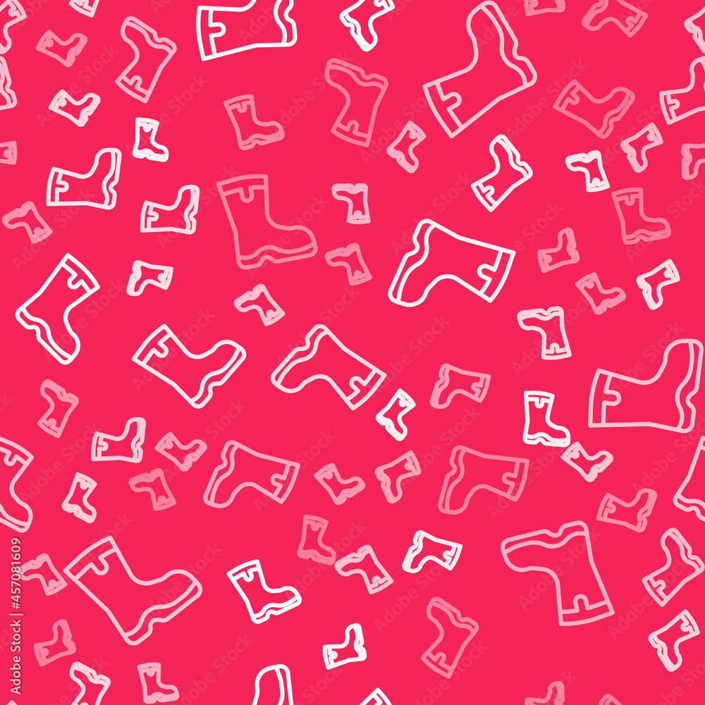White line Fishing boots icon isolated seamless pattern on red background. Waterproof rubber boot. Gumboots for rainy weather, fishing, hunter, gardening. Vector White line Fishing boots icon isolated seamless pattern on red background. Waterproof rubber boot. Gumboots for rainy weather, fishing, hunter, gardening. Vector