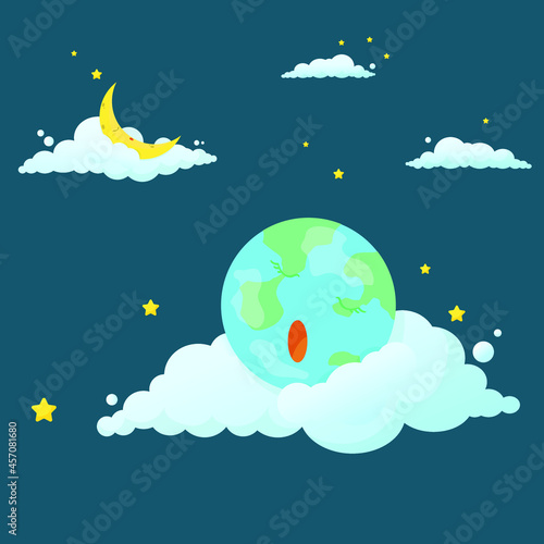Earth Hour. Cute cartoon earth globe sleeping on a cloud. 