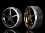 Sport car rims with tire in dark scene 3D rendering car accessories wallpaper backgrounds