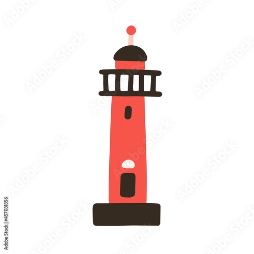 Lighthouse building in doodle style. Sea coast architecture. Marine nautical coastal tower. High light house. Colored flat vector illustration isolated on white background