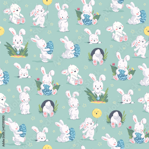 Seamless pattern with cute funny little white bunny sit,  stand with balloon, hide in grass, carry Easter egg isolated. Vector flat hand drawn doodle illustration for Easter prints, cards, packaging.