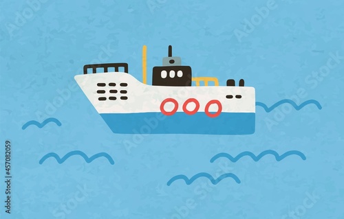 Ship floating in ocean water. Toy marine boat in doodle style. Side view of c...