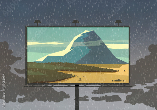 Mountain view on billboard against rainy sky
 photo