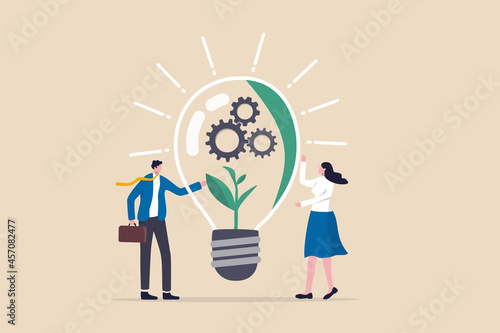 ESG, Environmental, Social and Corporate Governance, company responsibility to care world environment and people concept, business people touch light bulb with seedling green plant and governance gear