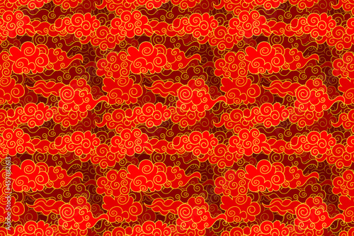 Vector Seamless Pattern, Oriental Red and Golden Colorful Clouds Background, Colorful Illustration, 3D Layers, Multilayered Effect, Background Template.