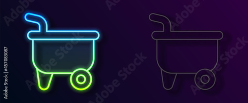 Glowing neon line Wheelbarrow icon isolated on black background. Tool equipment. Agriculture cart wheel farm. Vector