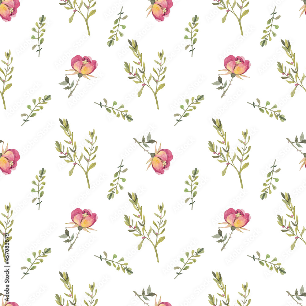 Seamless pattern from a hand-drawn watercolor pink flowers on a white background. Use for menus, invitations Seamless pattern from a hand-drawn watercolor pink flowers on a white background. Use for menus, invitations