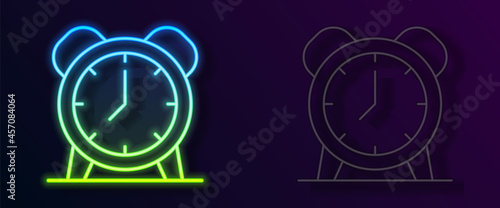 Glowing neon line Alarm clock icon isolated on black background. Wake up, get up concept. Time sign. Vector