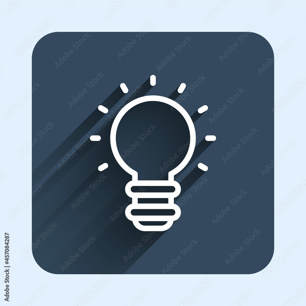 White line Creative lamp light idea icon isolated with long shadow background. Concept ideas inspiration, invention, effective thinking, knowledge and education. Blue square button. Vector White line Creative lamp light idea icon isolated with long shadow background. Concept ideas inspiration, invention, effective thinking, knowledge and education. Blue square button. Vector