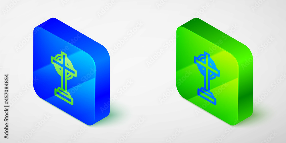 Isometric line Tombstone with cross icon isolated grey background. Grave icon. Happy Halloween party. Blue and green square button. Vector Isometric line Tombstone with cross icon isolated grey background. Grave icon. Happy Halloween party. Blue and green square button. Vector