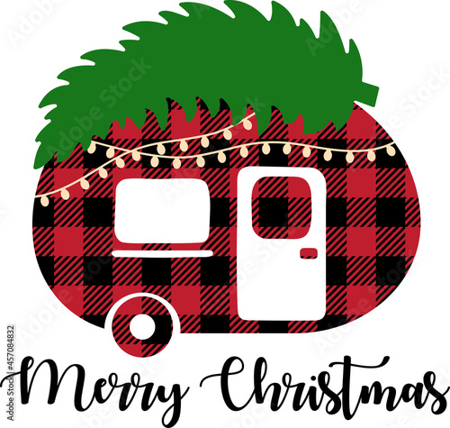 Buffalo plaid Christmas camp car Svg cut file. Merry Christmas vector illustration isolated on white background. Perfect for shirts, cards, mugs and so on. Christmas camper with tree and garland