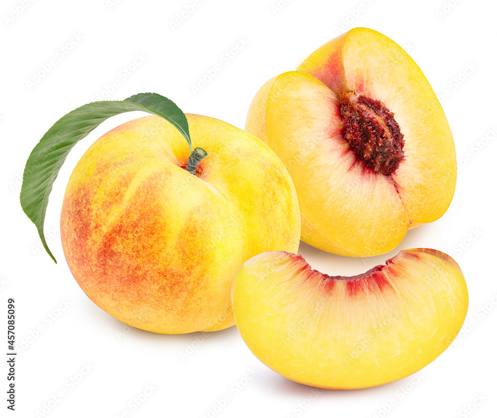 Korean Golden Peach fruits with leaf on white background, Honey Yellow Peach isolated on white background With clipping path. Korean Golden Peach fruits with leaf on white background, Honey Yellow Peach isolated on white background With clipping path.