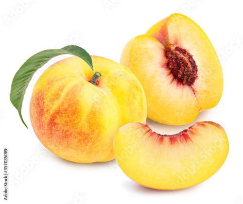 Korean Golden Peach fruits with leaf on white background, Honey Yellow Peach isolated on white background With clipping path.