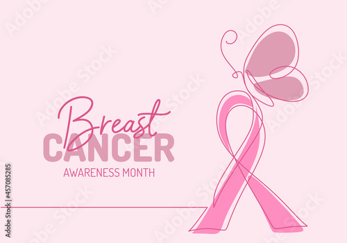 Continuous one line art background of National Breast Cancer Awareness month with pink ribbon and butterfly isolated on pink background.